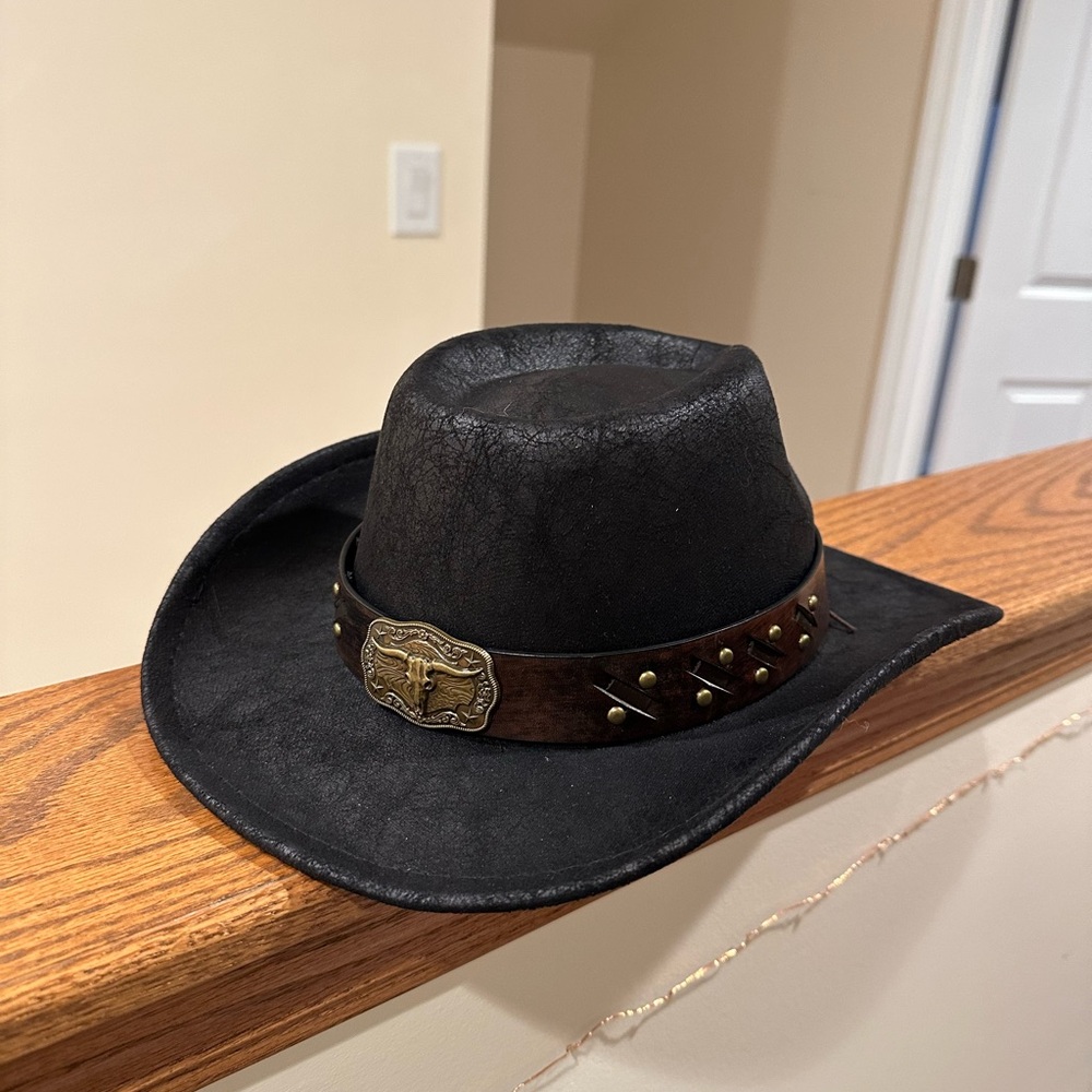 Black Leather Cowboy Hat with Decorative Band